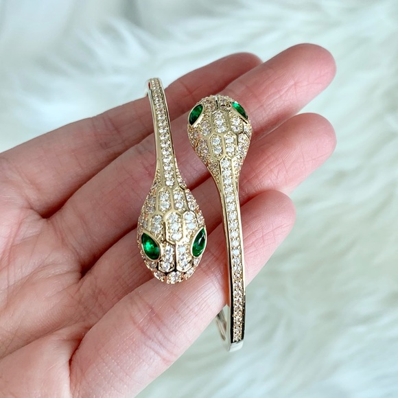 Gold Crystal Double Head Snake Cuff Bracelet - Picture 2 of 16